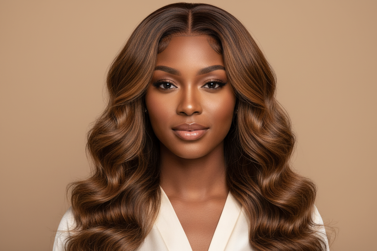 Medium close-up portrait of a young Black woman with a long, soft wavy wig. The hair is warm caramel brown with natural-looking volume and subtle highlights. She has a confident, direct, and serene gaze. High-end fashion photography, soft studio lighting, hyper-detailed, photorealistic. Minimalist background in a solid soft beige or nude tone. Cinematic shot. Focus on the face and the premium texture of the hair.